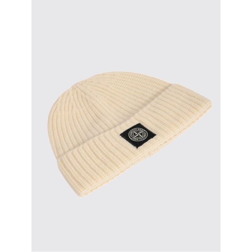 Stone Island Men Ribbed Virgin Wool Beanie Hat Stone Island With Compass Logo